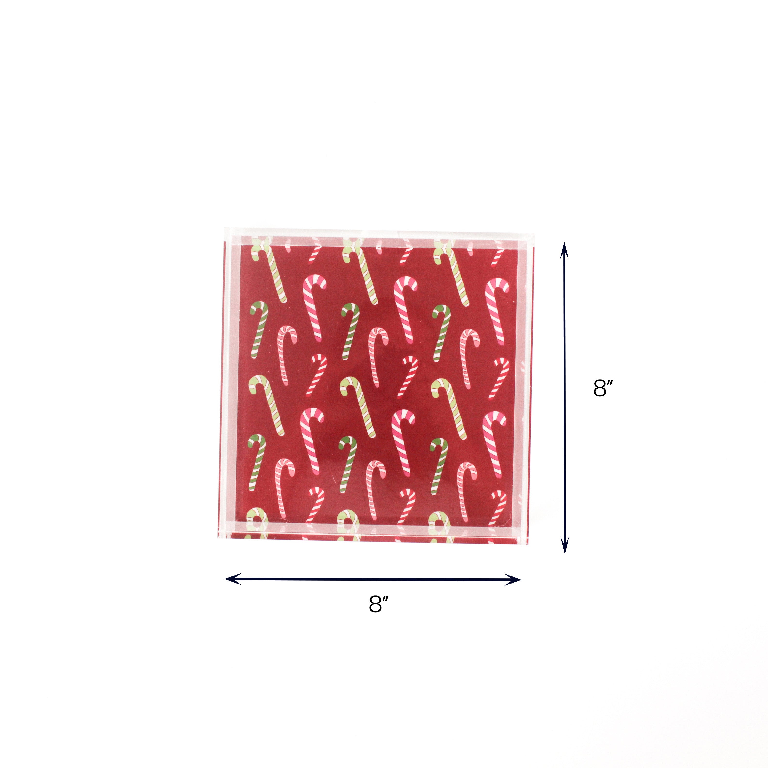 Dancing Candy Canes Square Acrylic Tray Medium with dimension of 8" x 8".