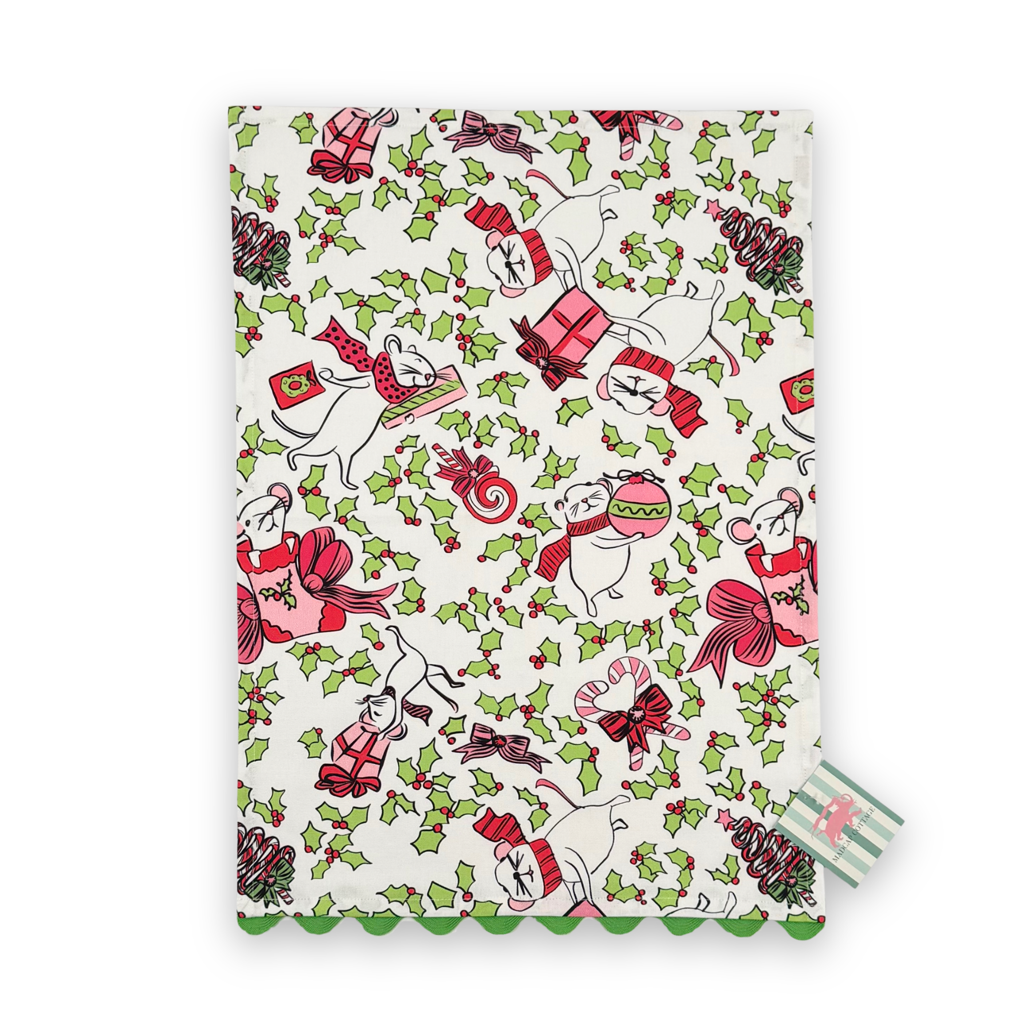 Madcap Cottage Dancing Mice Christmas cotton tea towel featuring playful holiday mice, festive gifts, candy canes, green holly leaves, and scalloped trim.