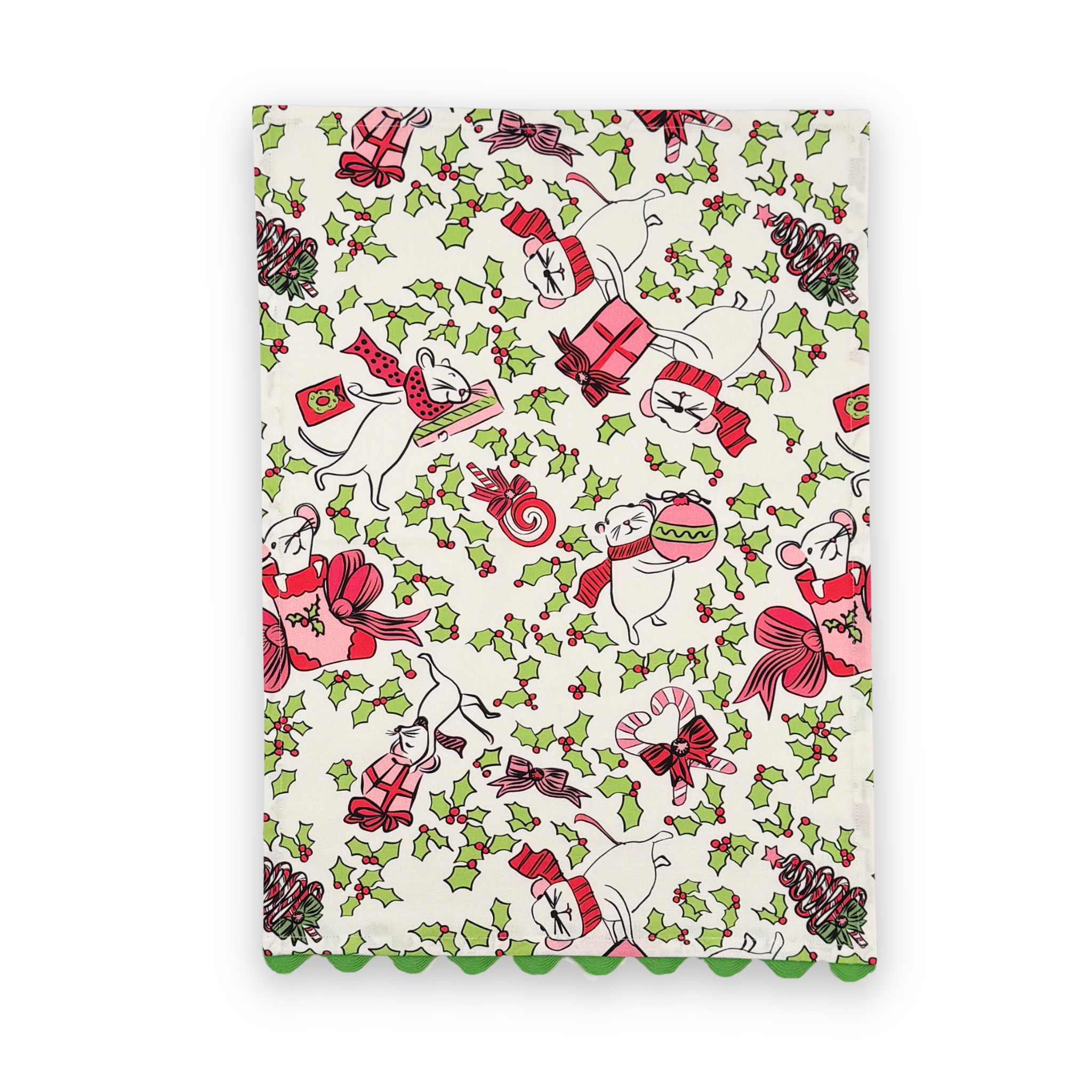 Dancing Mice Christmas cotton tea towel featuring playful holiday mice, festive gifts, candy canes, green holly leaves, and green scalloped trim.