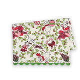Folded Dancing Mice Christmas cotton tea towel featuring playful holiday mice, festive gifts, candy canes, green holly leaves, and green scalloped trim.