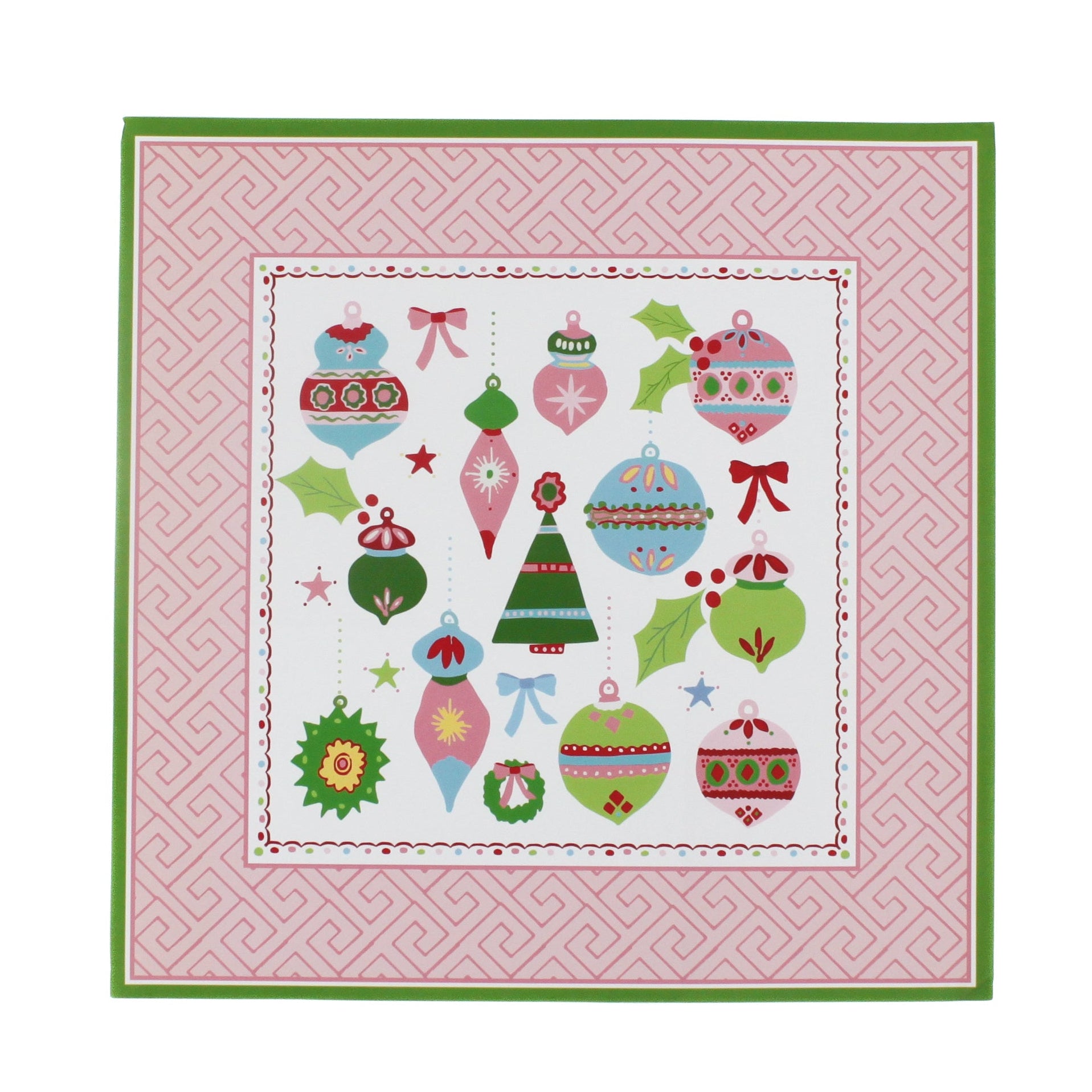 square pink paper placemats with colourful ornaments motifs in the center surrounded by a pink and green border. 