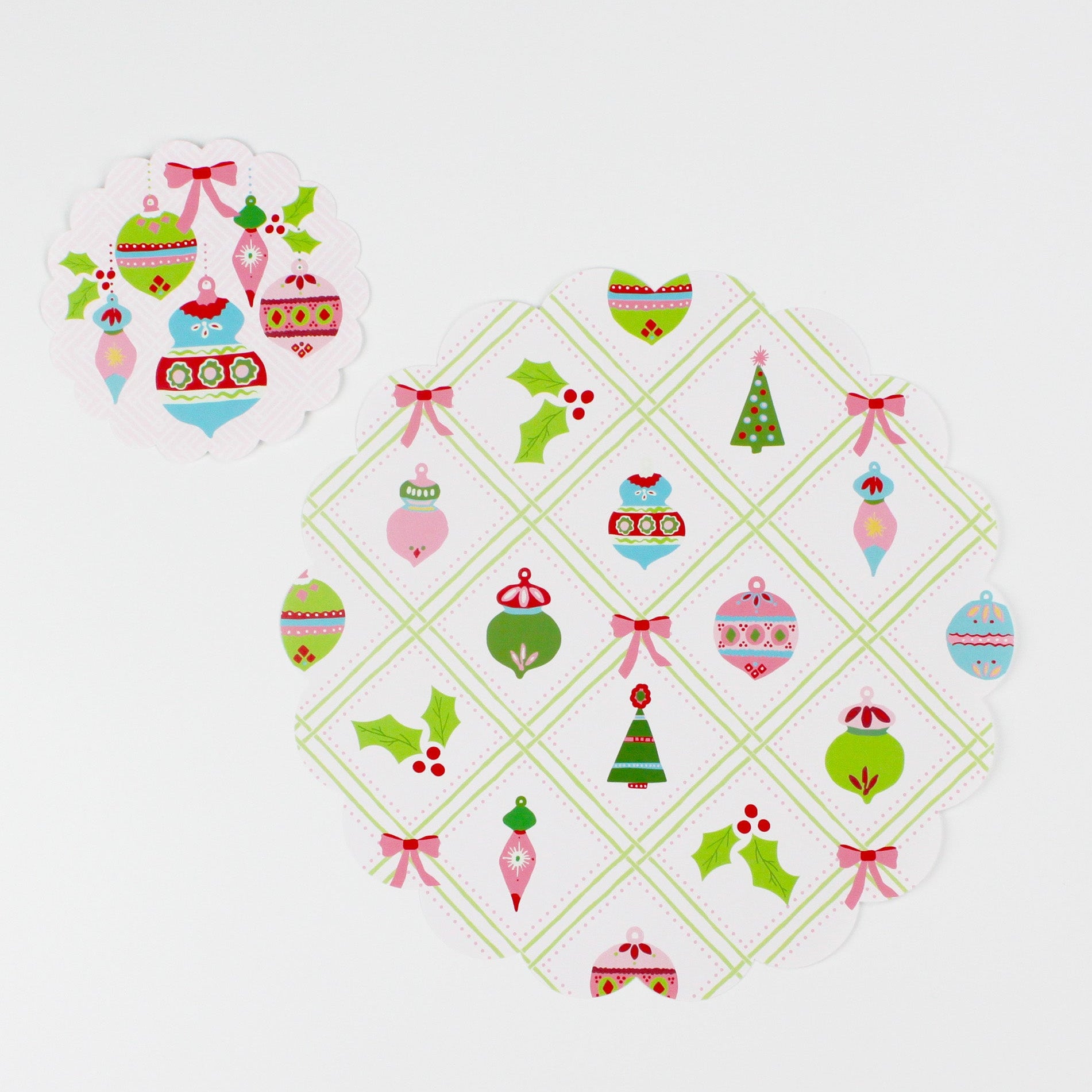 A round paper christmas doily with a christmas ornament pattern from Madcap Cottage. 