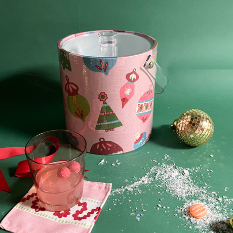 Darling Ornaments, a pink ice bucket decorated with ornament motifs