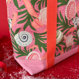 Detail of bottom and strap of Shell Seekers canvas tote bag