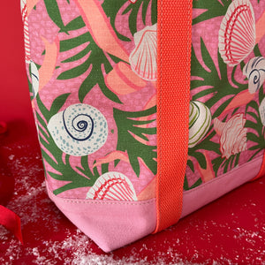 Detail of bottom and strap of Shell Seekers canvas tote bag