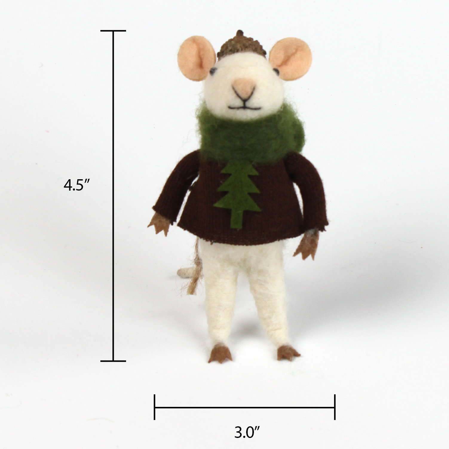 A 4.5-inch tall and 3-inch wide felt mouse ornament wearing a brown sweater with a green tree design and an acorn cap hat.