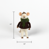 A 4.5-inch tall and 3-inch wide felt mouse ornament wearing a brown sweater with a green tree design and an acorn cap hat.