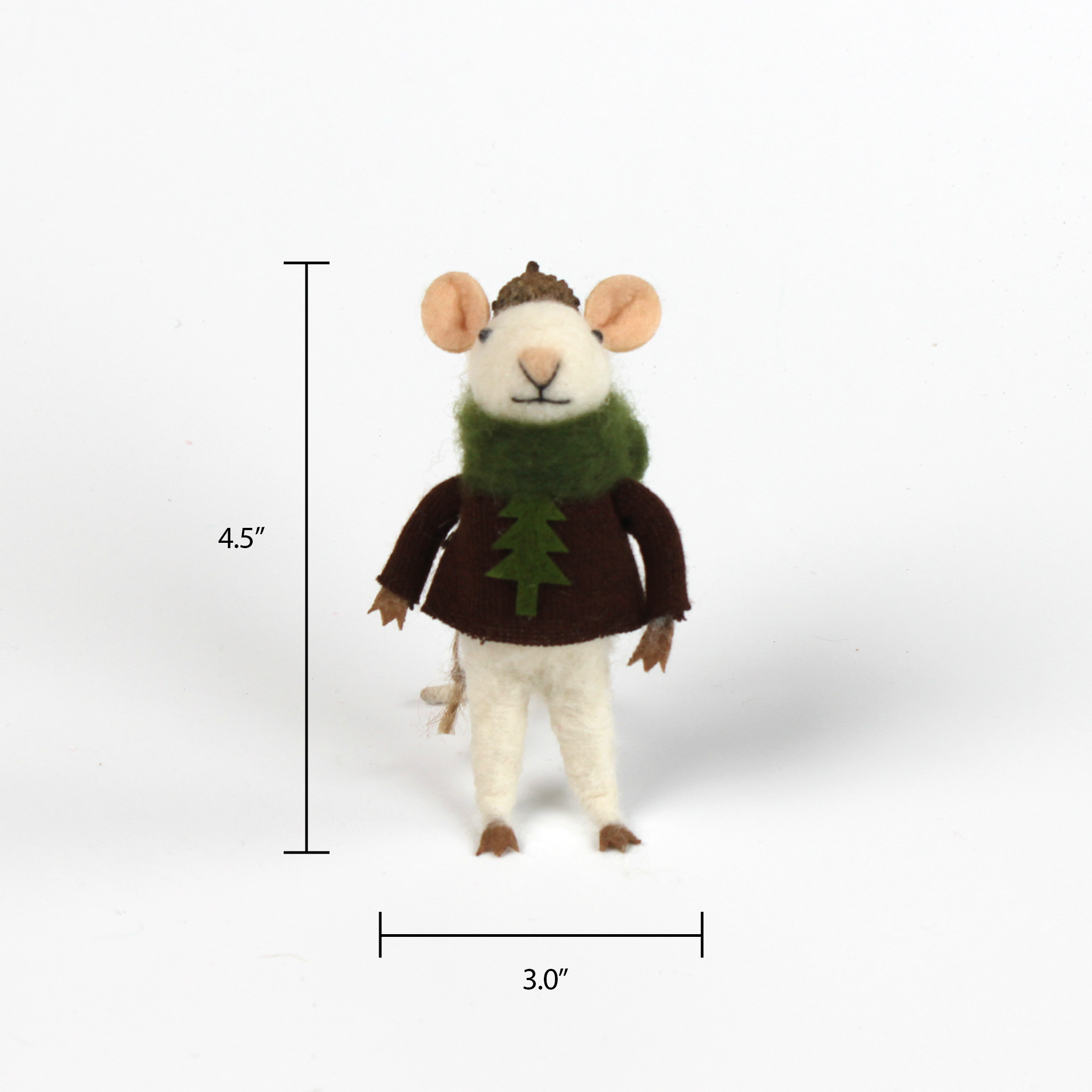 A 4.5-inch tall and 3-inch wide felt mouse ornament wearing a brown sweater with a green tree design and an acorn cap hat.