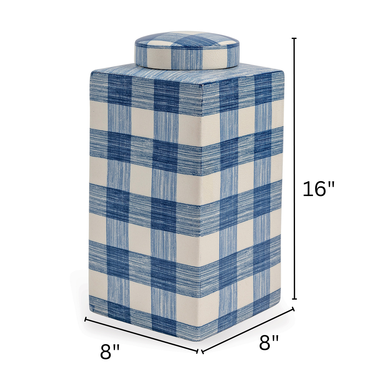 A blue and white lidded jar with arrows denoting dimentions 16" high by 8" wide and 8" deep 