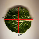 a cabbage leaf plate with red arrows illustrating the plate dimensions 9" by 8.5"
