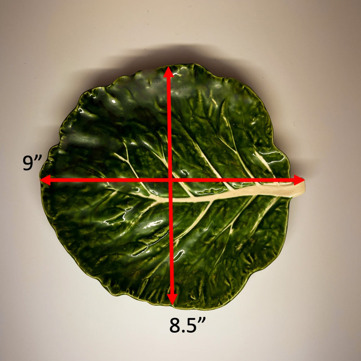 a cabbage leaf plate with red arrows illustrating the plate dimensions 9" by 8.5"