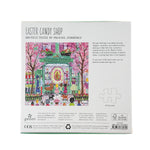 Back of 500 piece jigsaw puzzle with Easter candy shop illustration and open box