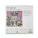Back of 500 piece jigsaw puzzle with Easter candy shop illustration and open box