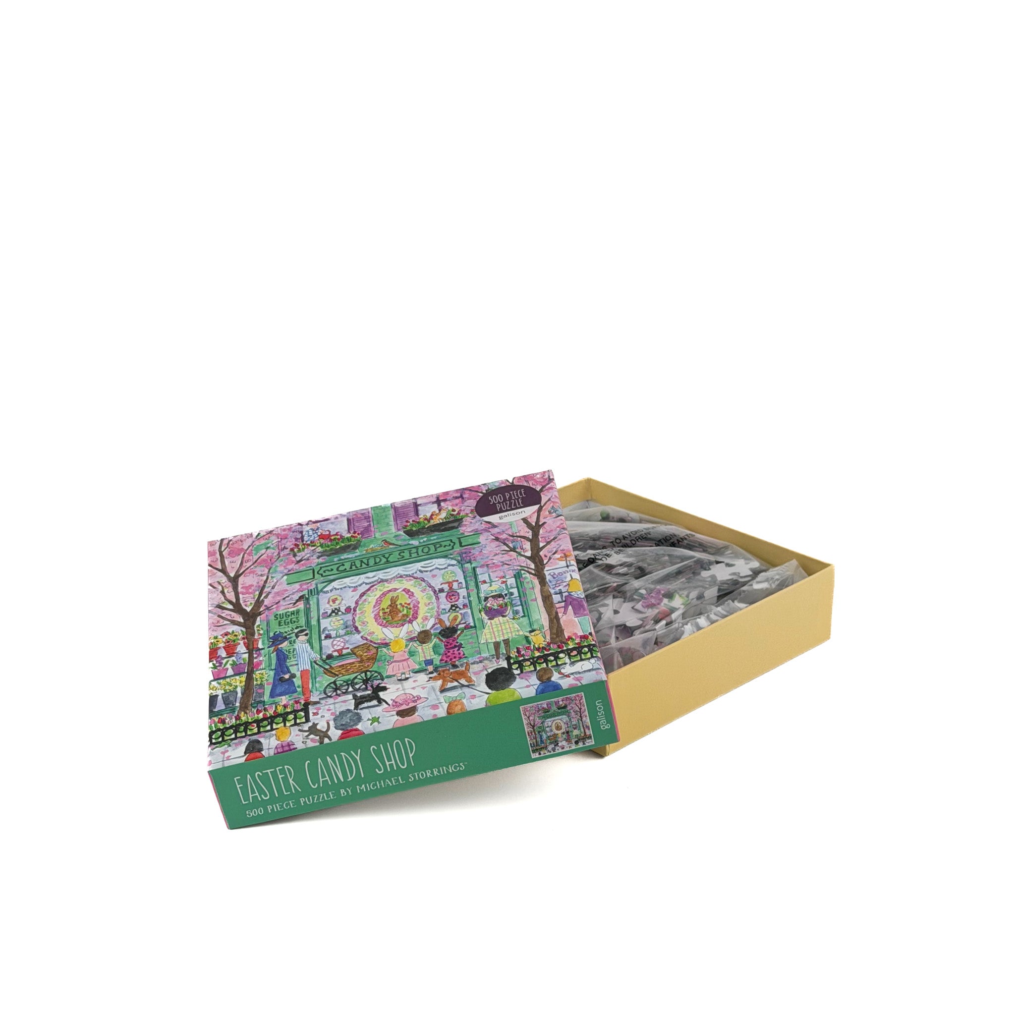 500 piece jigsaw puzzle with Easter candy shop illustration and open box