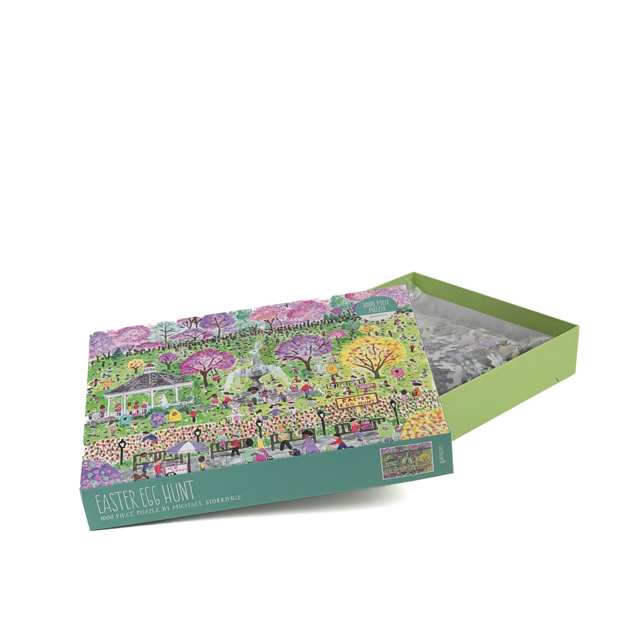 1000 piece jigsaw puzzle with Easter egg hunt park scene and open box