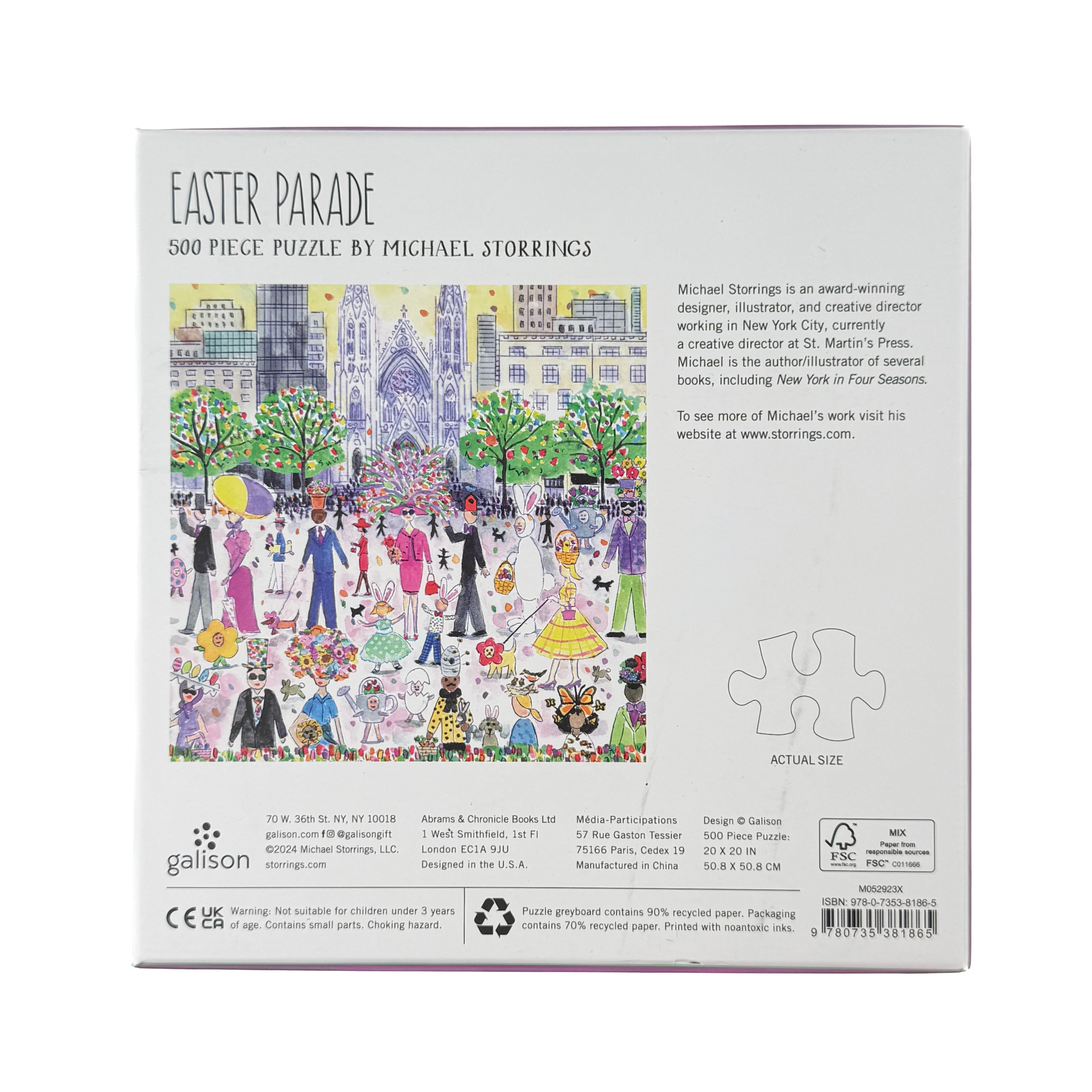 Back of 500 piece jigsaw puzzle with Easter parade city scene