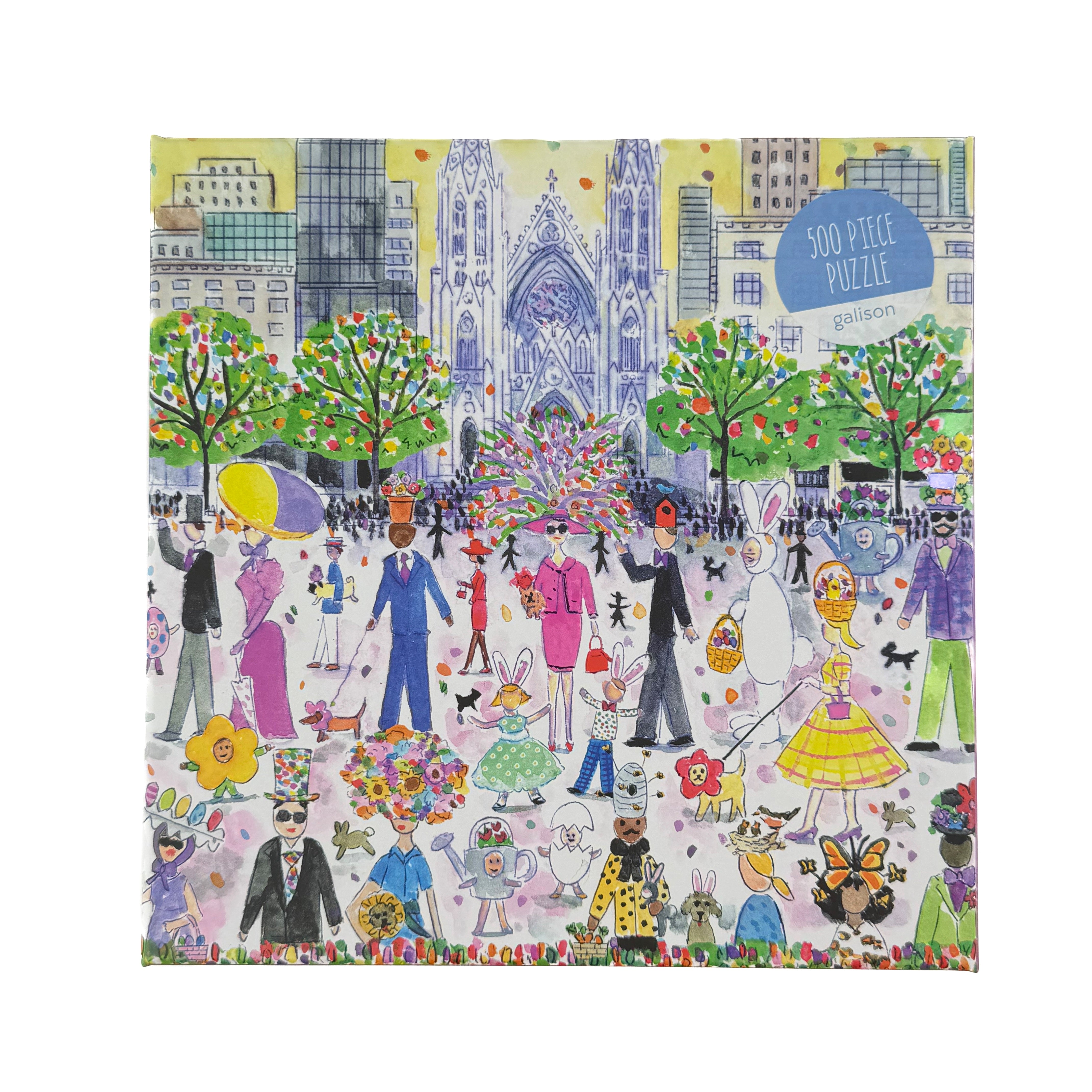Front of 500 piece jigsaw puzzle with Easter parade city scene