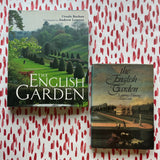 Two English garden coffee table books displayed on patterned background, featuring classic landscape photography and historic garden imagery