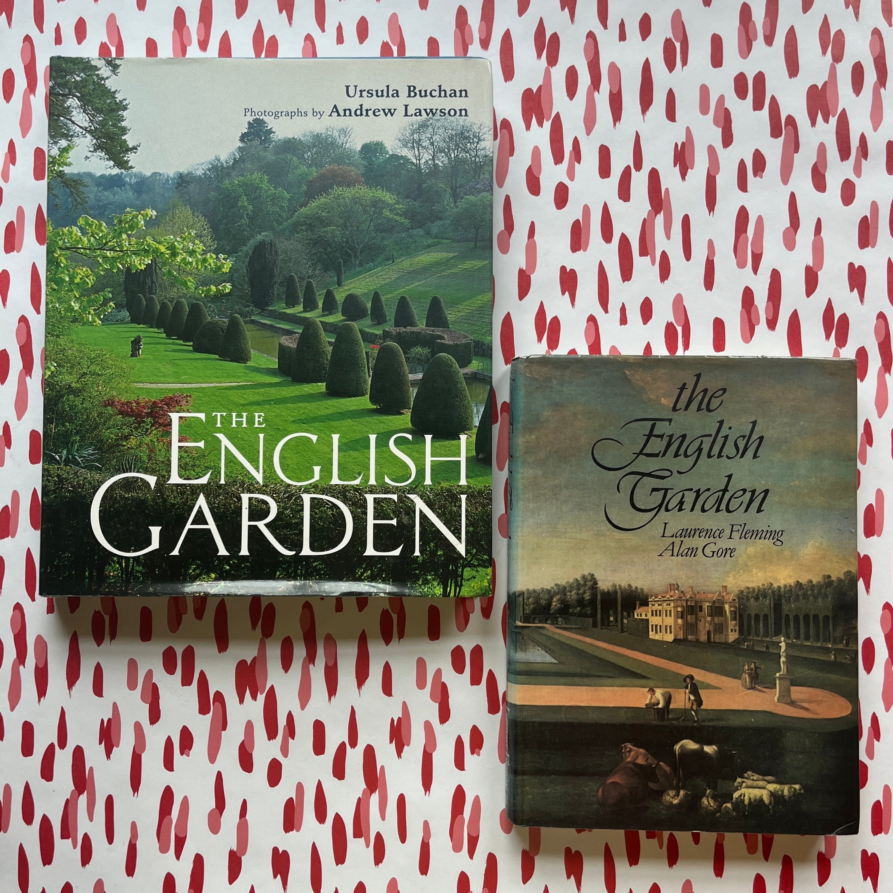 Two English garden coffee table books displayed on patterned background, featuring classic landscape photography and historic garden imagery