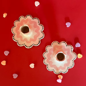 Harbor Trail Pink/Green Ceramic Scalloped Candleholders, Set of 2