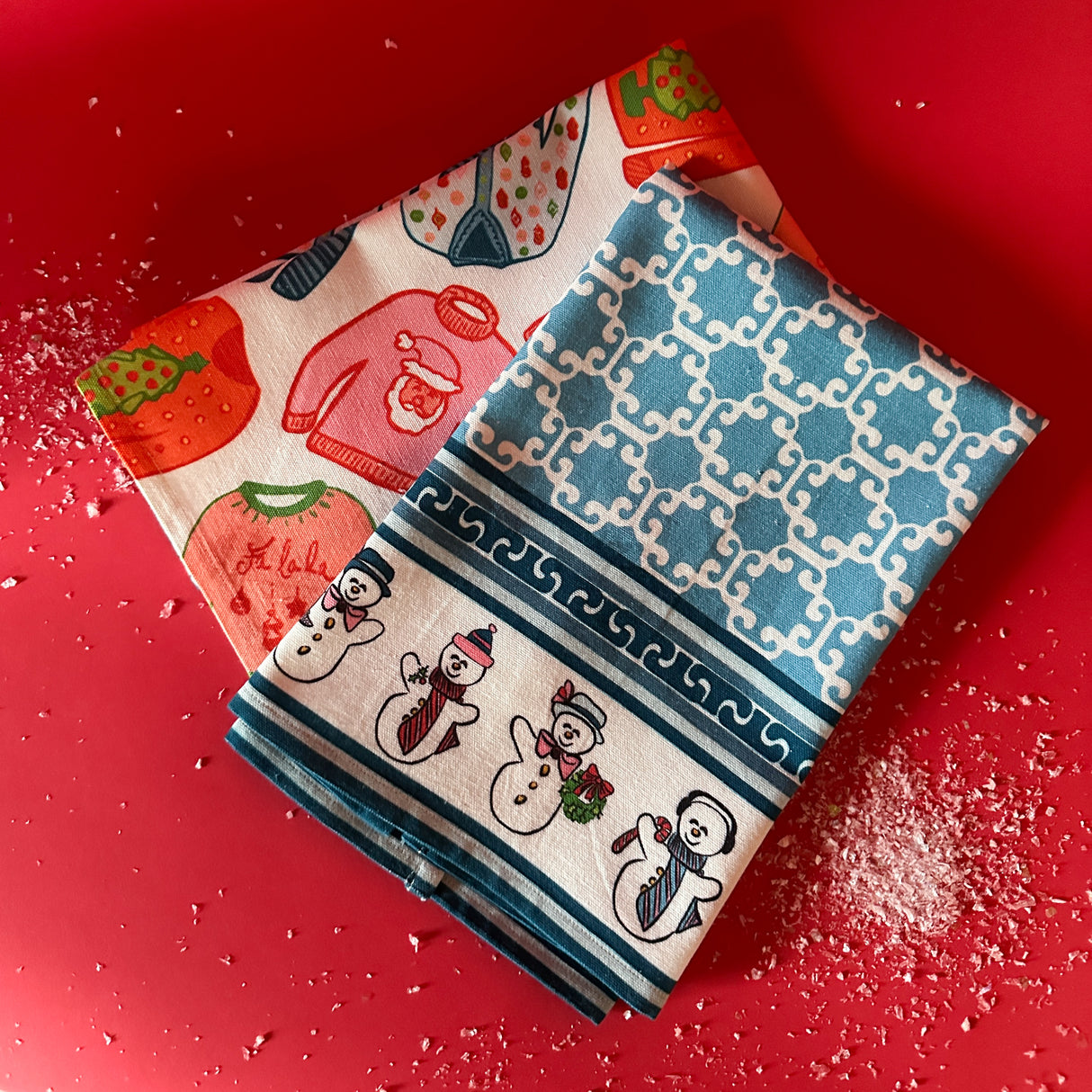 Holiday Sweaters and Frolicking Snowmen Christmas Tea Towels/Dish Towels/Guest Towels Set