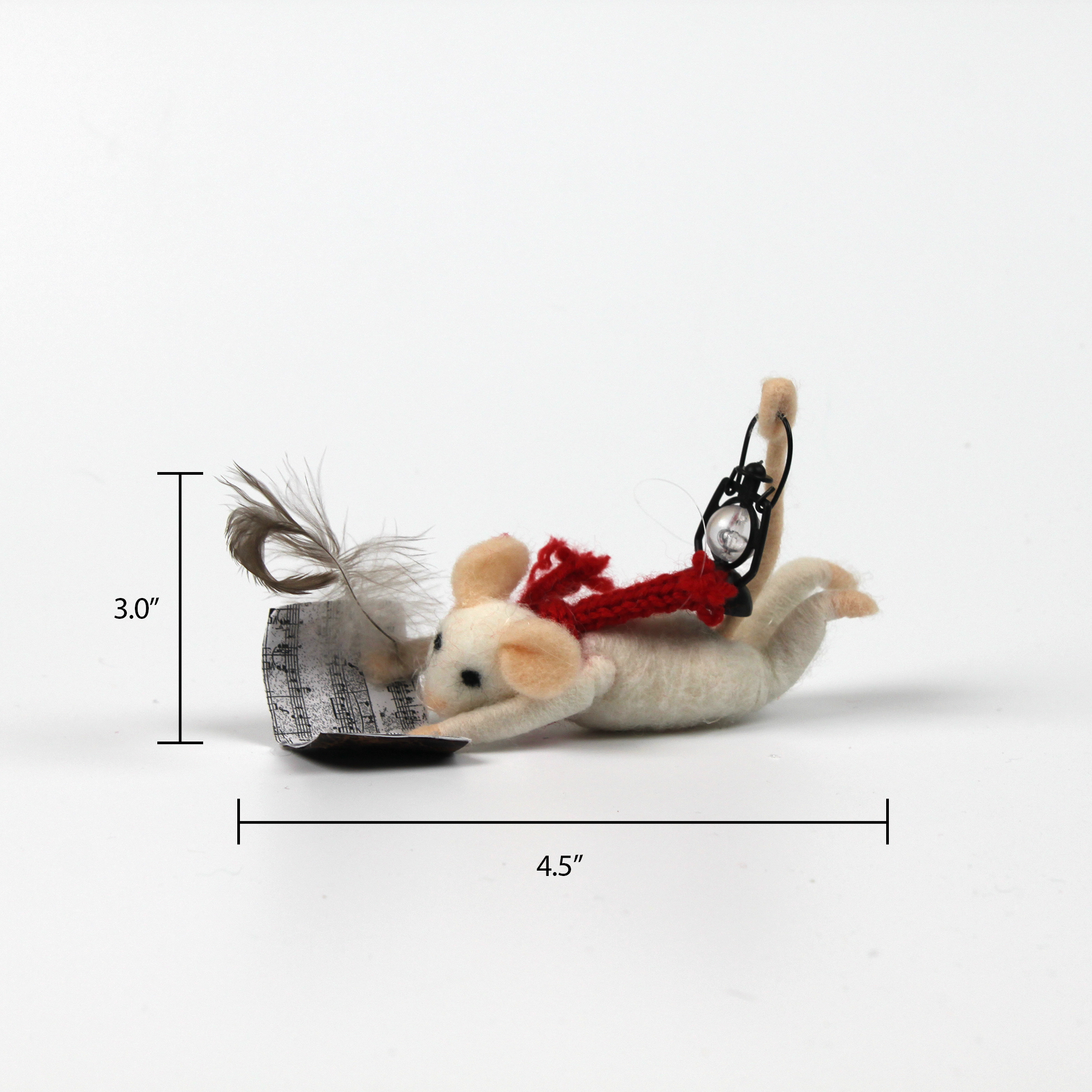 A 4.5-inch wide and 3-inch tall felt mouse ornament posed in a flying position, holding a feather pen and book, with a red scarf and a small black lantern on its back.