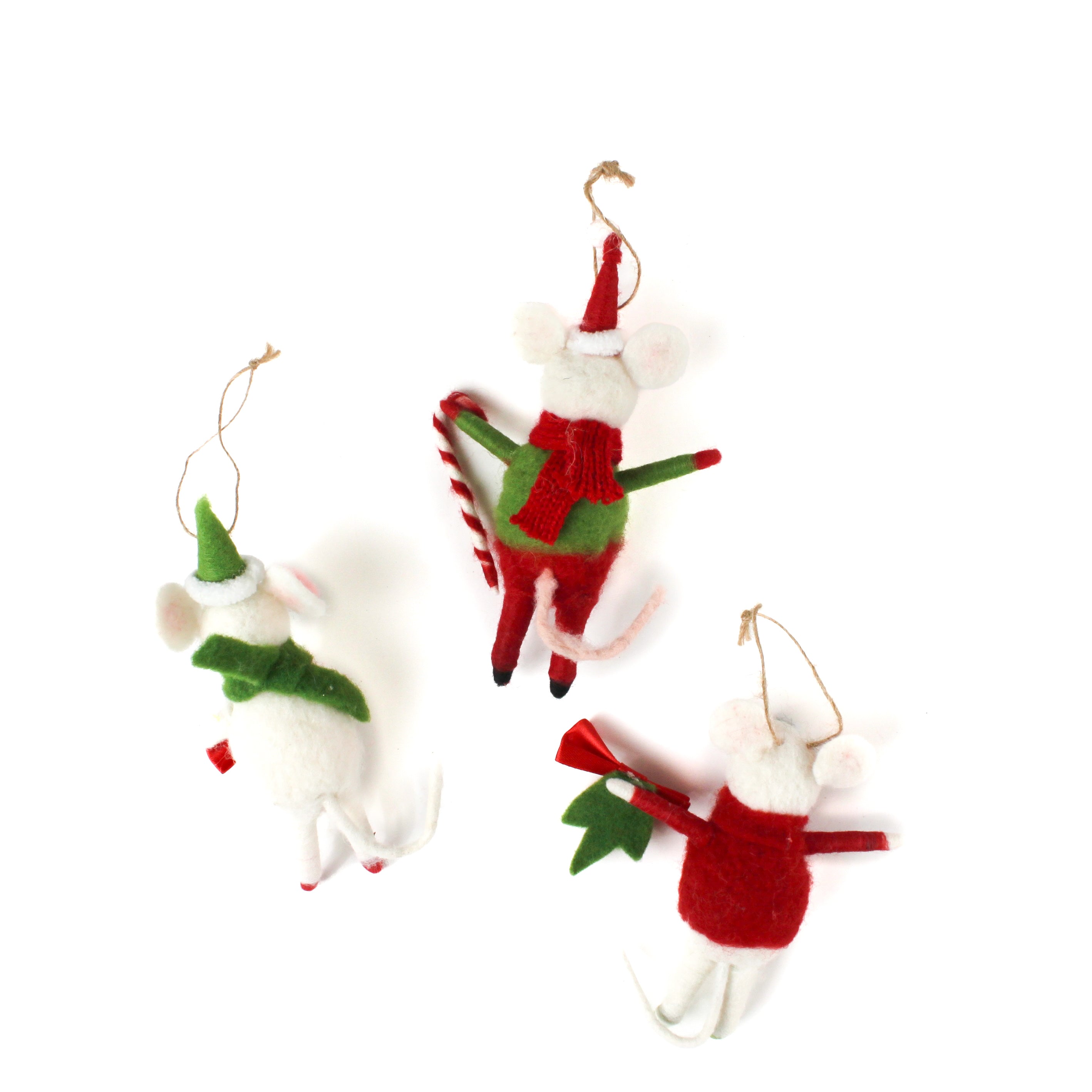 back view of Three festive felt mouse ornaments dressed in holiday outfits