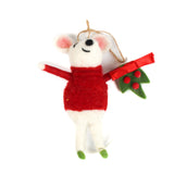 A felt mouse ornament wearing a red sweater and holding a green wreath with red berries and a bow