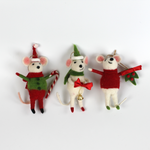 Three festive felt mouse ornaments dressed in holiday outfits with a white background