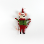 A festive felt mouse ornament dressed in red and green, holding a candy cane