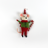A festive felt mouse ornament dressed in red and green, holding a candy cane