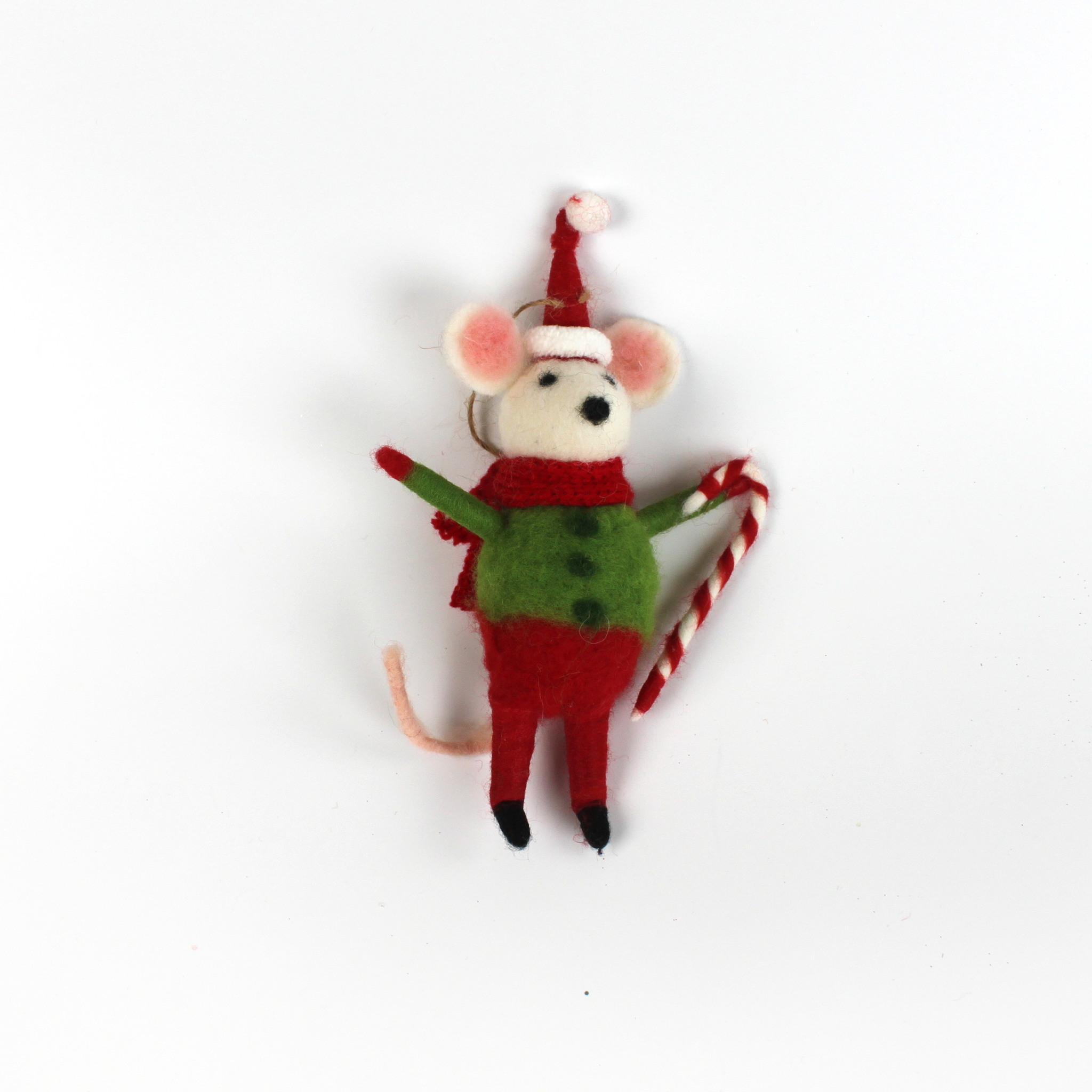 A festive felt mouse ornament dressed in red and green, holding a candy cane