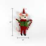 A festive felt mouse ornament dressed in red and green, holding a candy cane, measures approximately 4.5 inches tall and 3 inches wide.