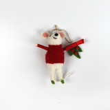 A felt mouse ornament wearing a red sweater and holding a green wreath with red berries and a bow