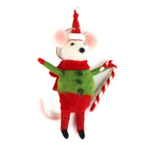 A festive felt mouse ornament dressed in red and green, holding a candy cane