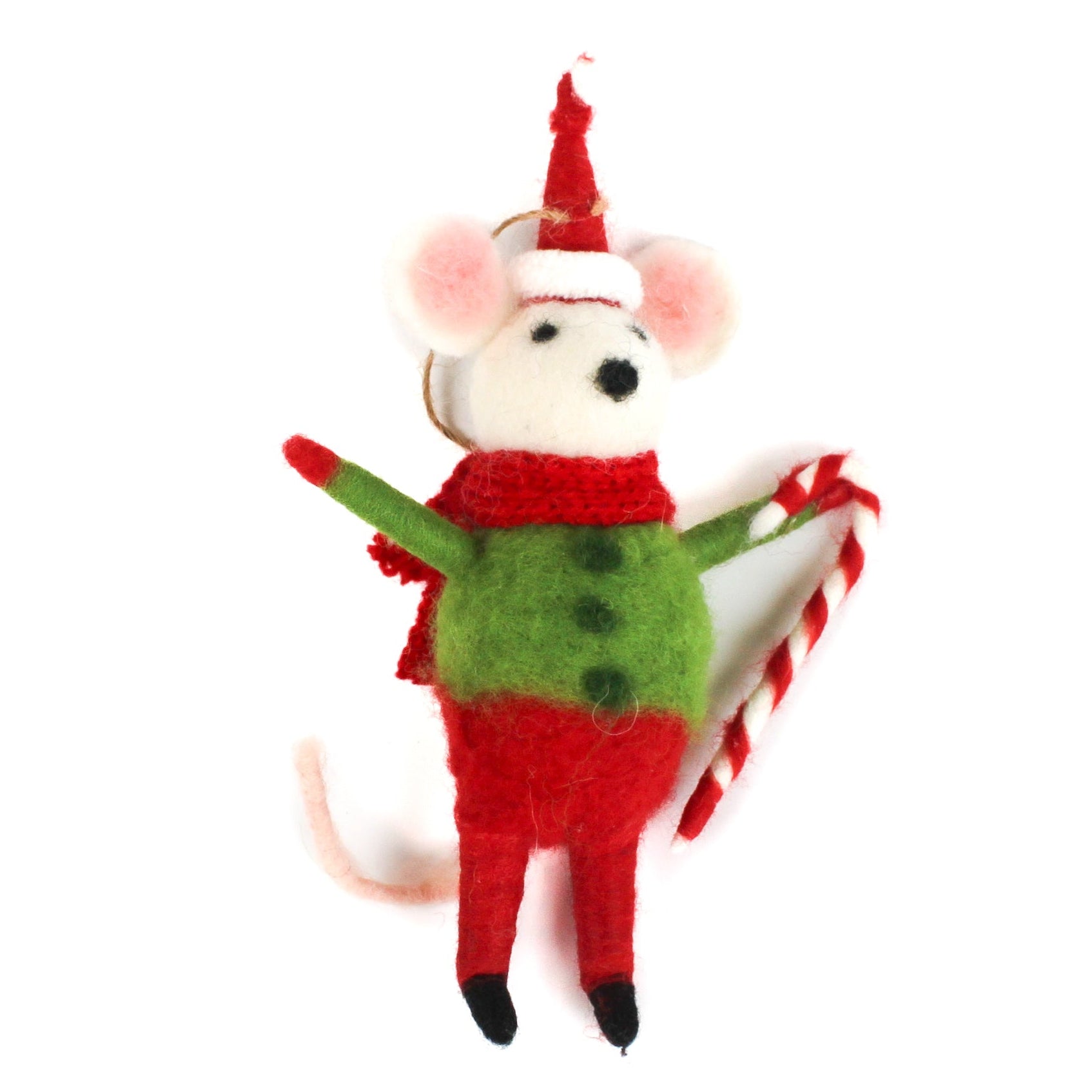 A festive felt mouse ornament dressed in red and green, holding a candy cane