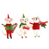 Three festive felt mouse ornaments dressed in holiday outfits with a white background
