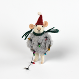 felt mouse ornament wearing a red Santa hat, green scarf, and fuzzy gray outfit, wrapped in colorful holiday string lights.