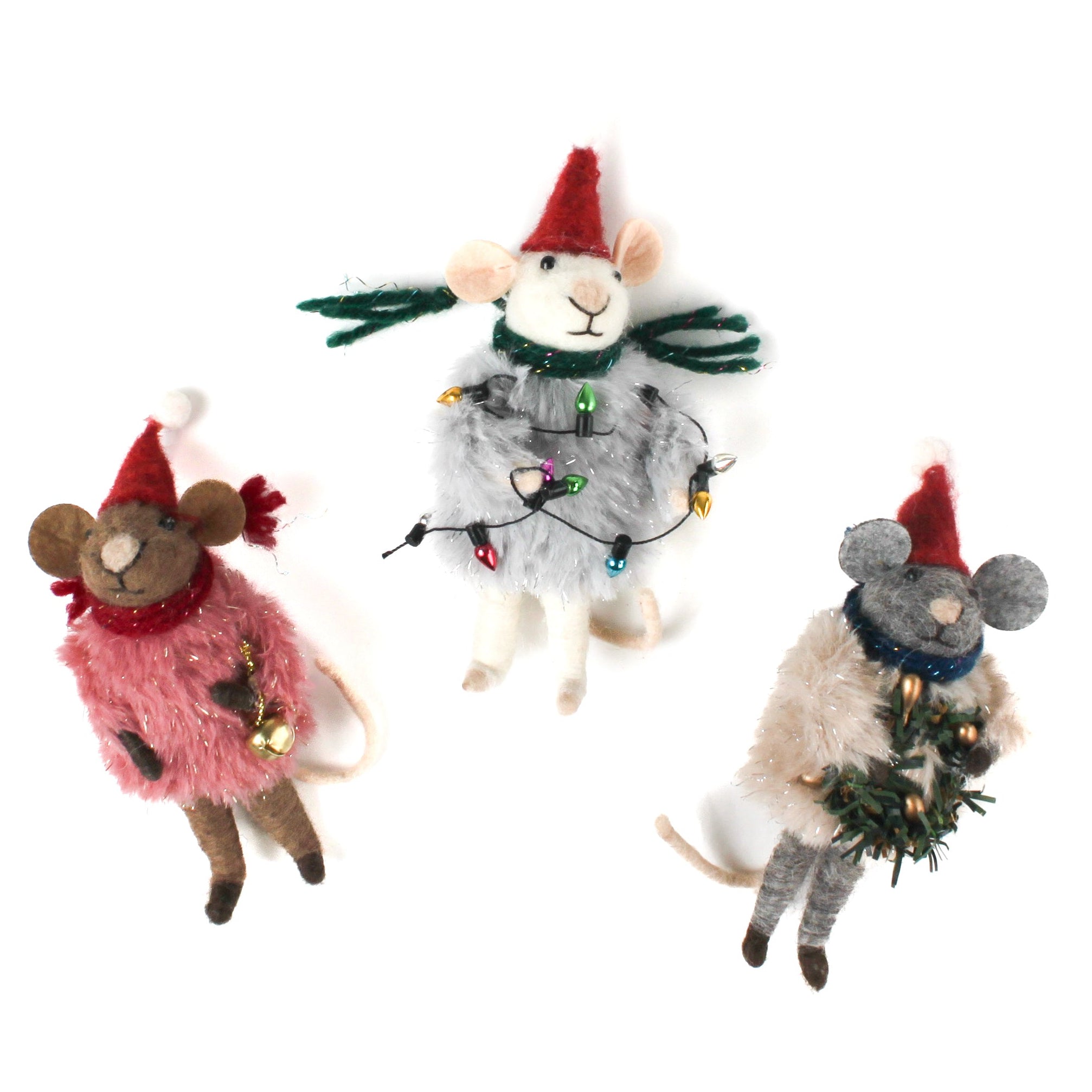 Three festive felt mouse ornaments dressed in fuzzy holiday outfits and Santa hats, holding Christmas decorations like string lights, a wreath, and a gold bell.