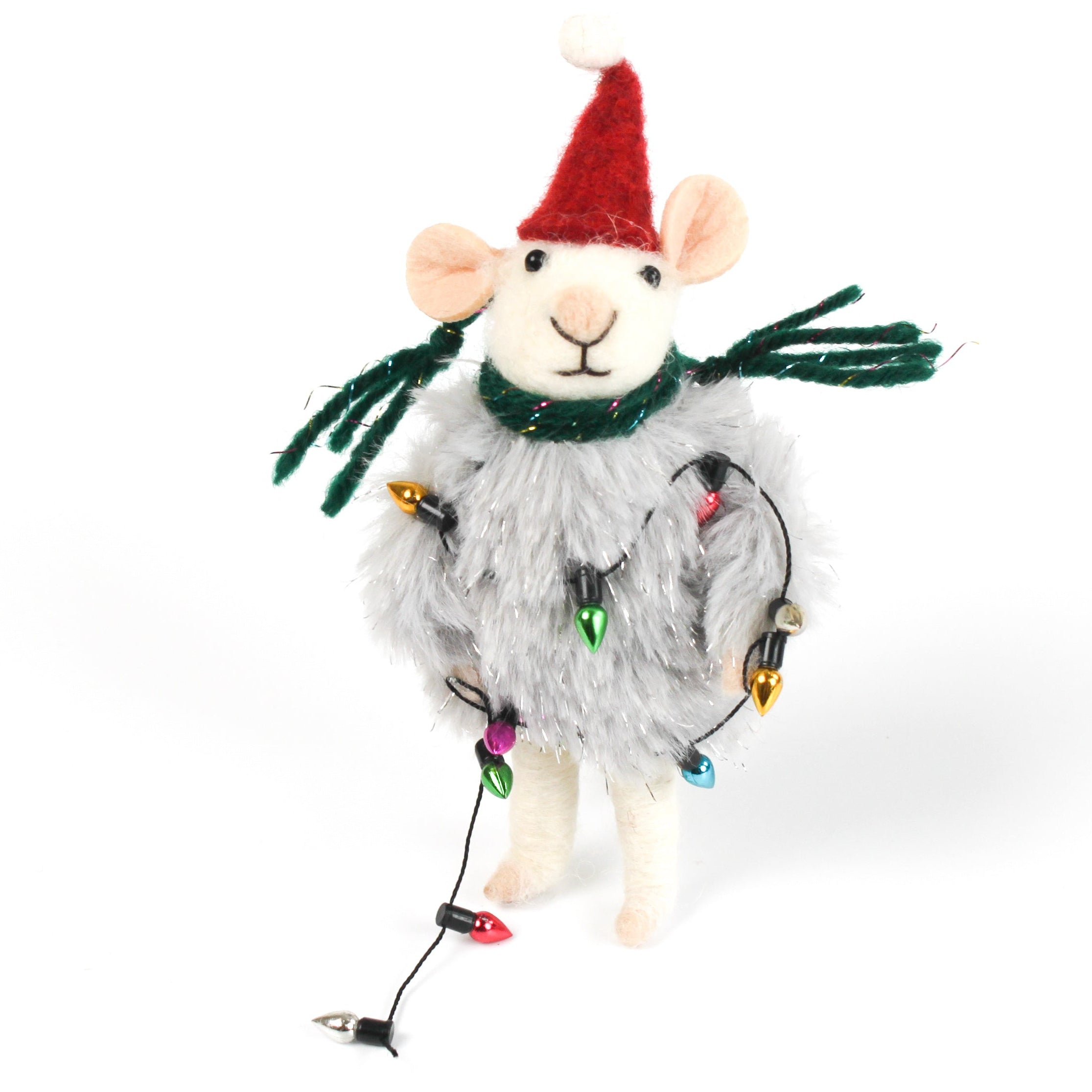 felt mouse ornament wearing a red Santa hat, green scarf, and fuzzy gray outfit, wrapped in colorful holiday string lights.