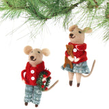 Set of two Mice in pajamas Christmas Ornaments hanged in a pine tree branch