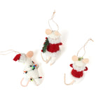 back of the Three white felt mouse ornaments where 2 dressed in cozy winter outfits, one wrapped in colorful holiday lights, one holding a Christmas wreath, and one holding a festive ornament