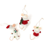 back of the Three white felt mouse ornaments where 2 dressed in cozy winter outfits, one wrapped in colorful holiday lights, one holding a Christmas wreath, and one holding a festive ornament