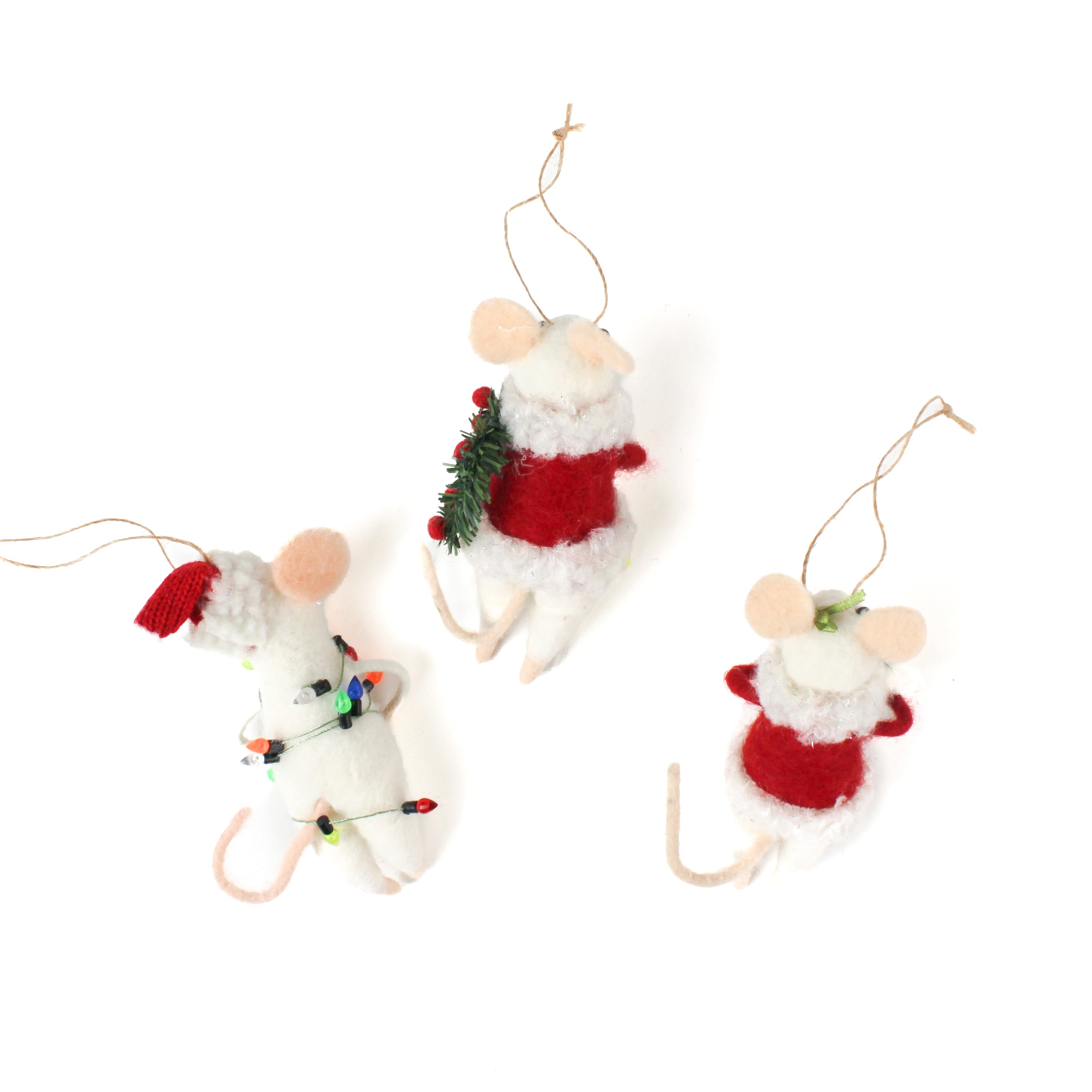 back of the Three white felt mouse ornaments where 2 dressed in cozy winter outfits, one wrapped in colorful holiday lights, one holding a Christmas wreath, and one holding a festive ornament