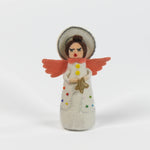 angel christmas table decoration made from felt with colorful clothing and pink wings on a white background