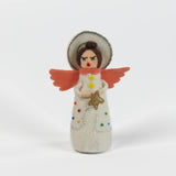 angel christmas table decoration made from felt with colorful clothing and pink wings on a white background