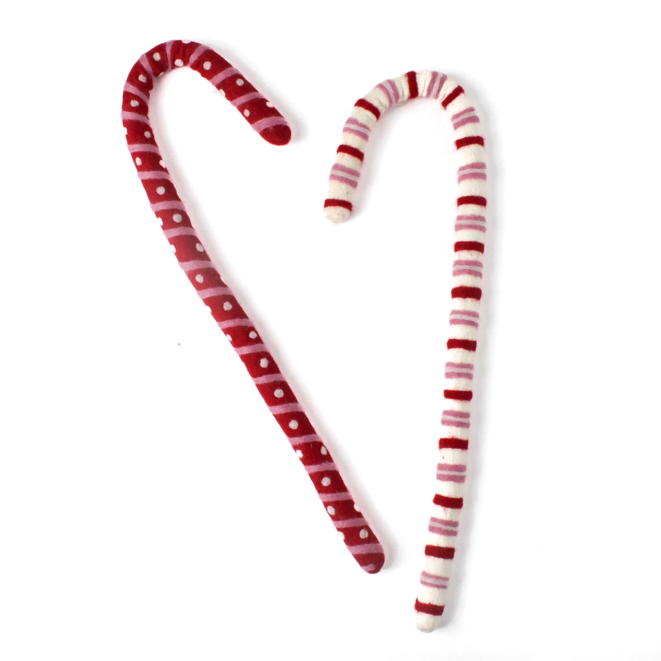 a set of two, large felt candy cane decorations in red, pink and white approximately 22" inches tall. 