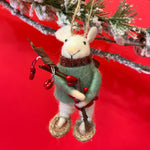 Cute Felt mice ornament carrying red berries and wearing sweater, scarf and snowshoes