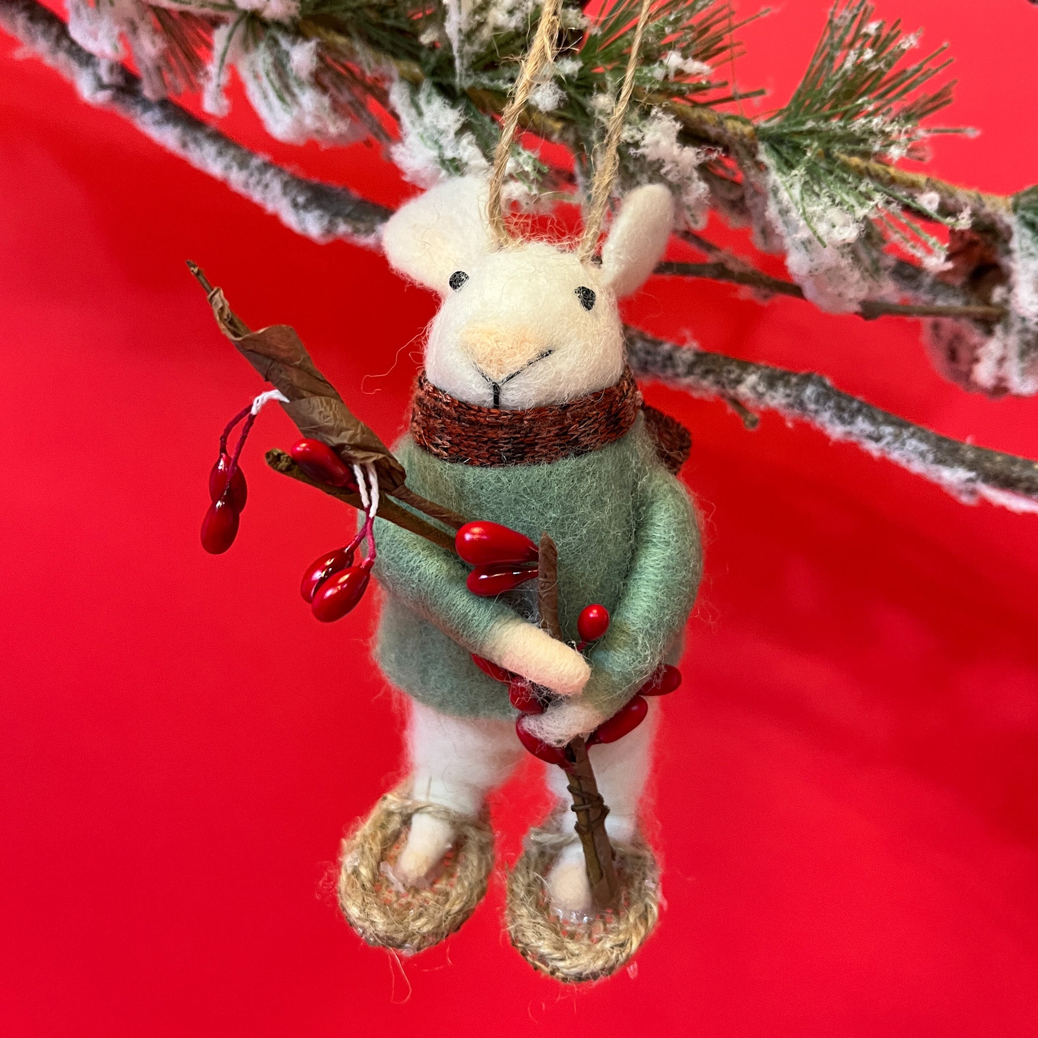Cute Felt mice ornament carrying red berries and wearing sweater, scarf and snowshoes