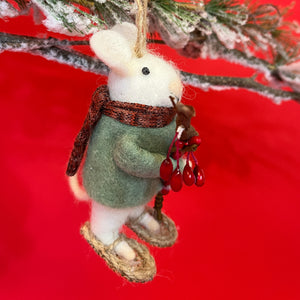 Cute Felt mice ornament carrying red berries and wearing sweater, scarf and snowshoes